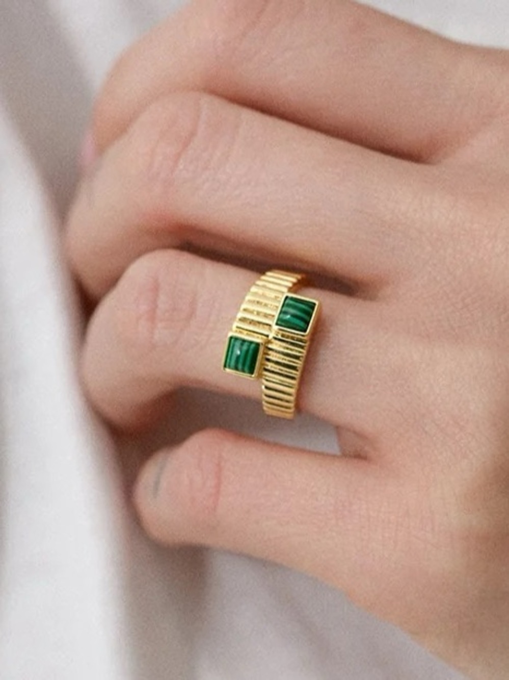 Luv AJ Vintage played gold wrap ring featuring two square cut Malachite stones